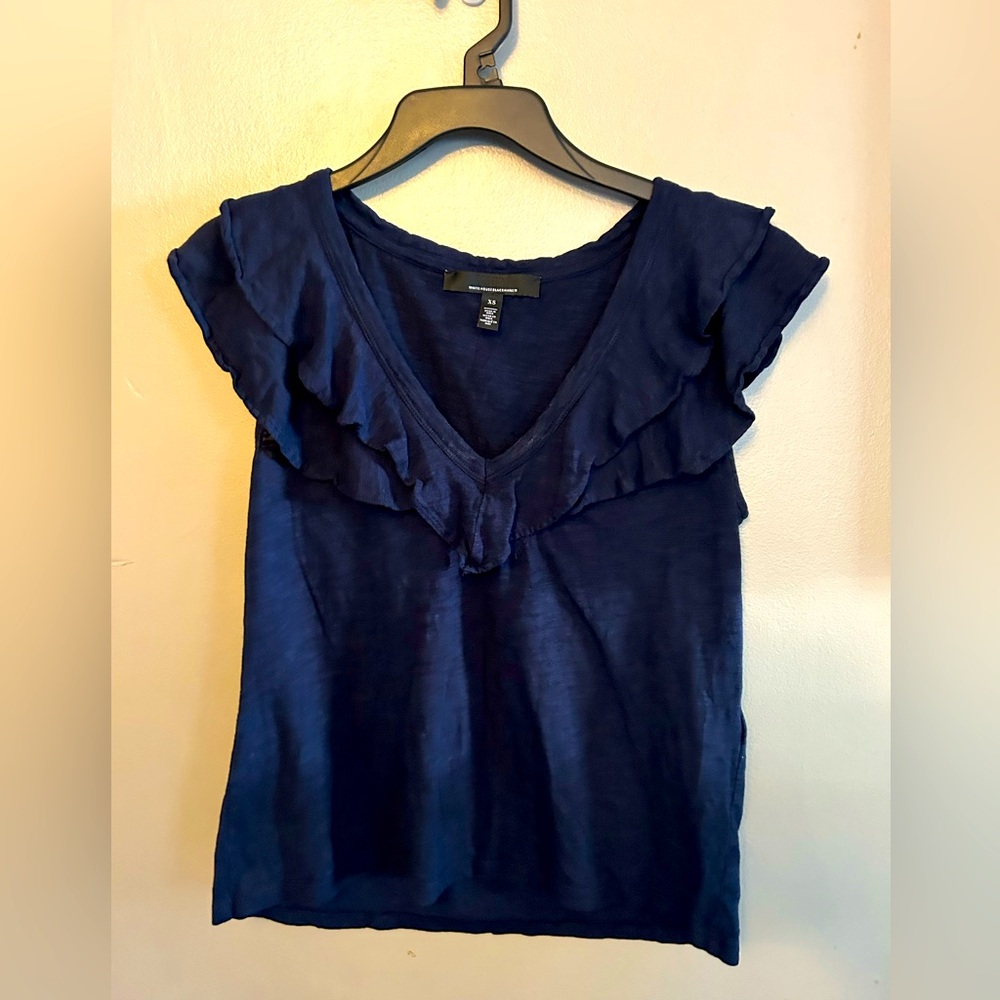 White House Black Market Navy Blue Ruffled Tee